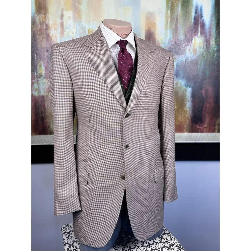 Brioni Nomentano Blazer 44L Cashmere Silk Cream Orange Houndstooth Sport Coat